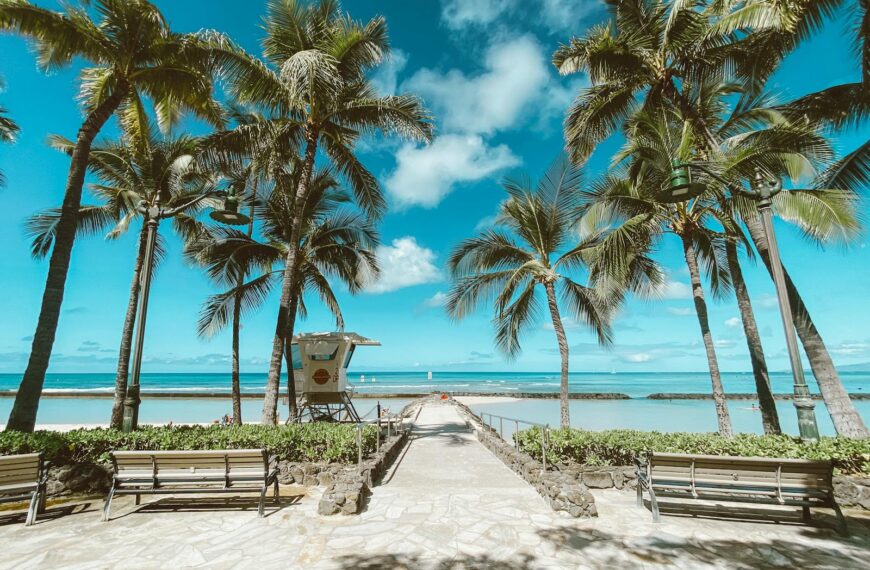 Beautiful Waikiki Beach with palm trees and a lifeguard tower under clear blue skies.